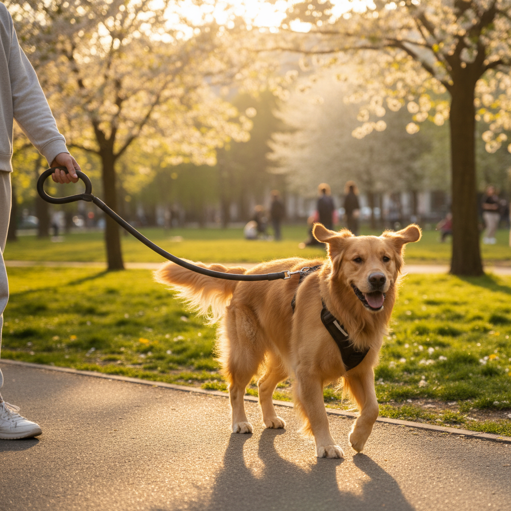 Happy dog being walked on black leash in park