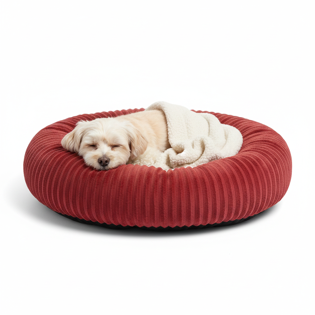 Cute dog resting in red donut shaped pet bed