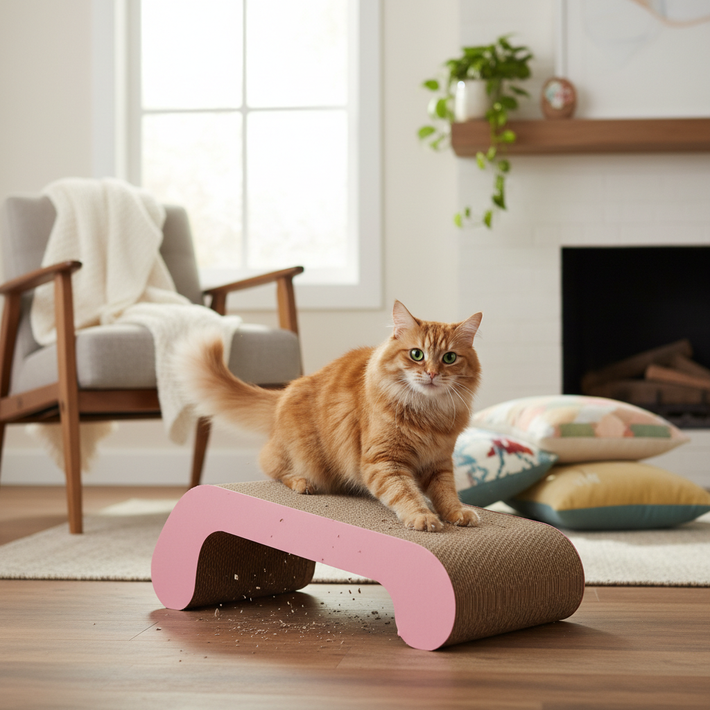 Cute cat scratching pink L-shaped scratcher