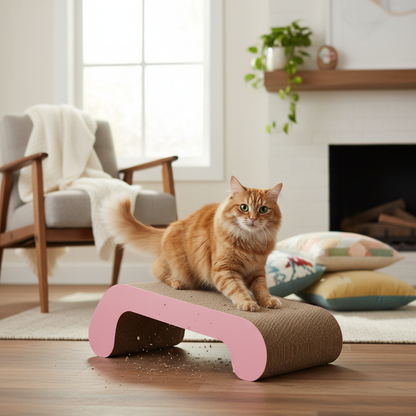 Cute cat scratching pink L-shaped scratcher