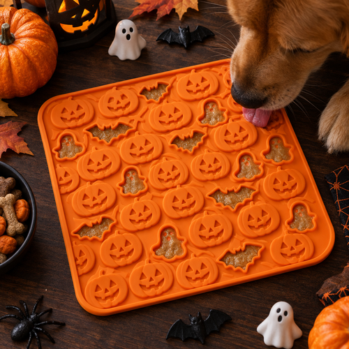Halloween themed pet lick mat with pumpkin face texture pattern