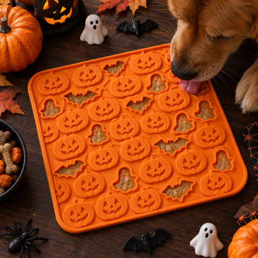 Halloween themed pet lick mat with pumpkin face texture pattern