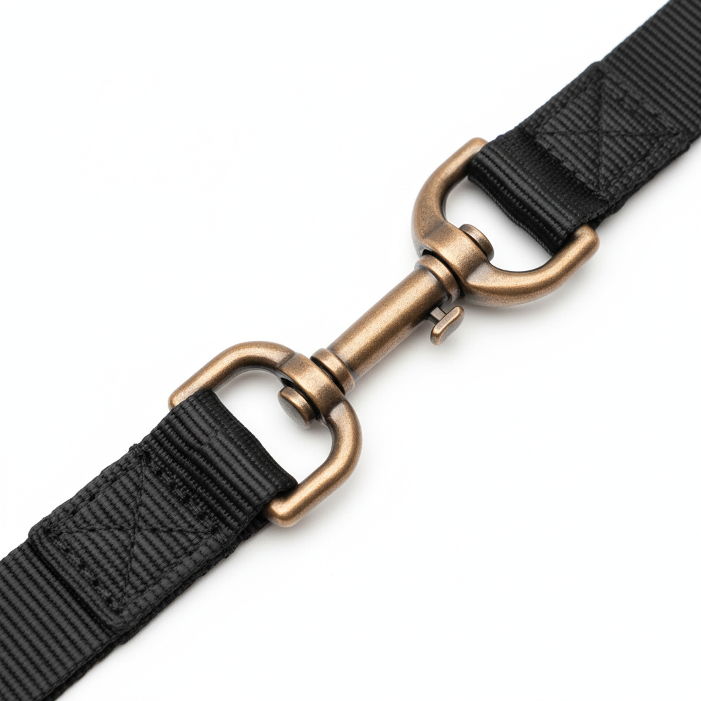 Close up of bronze metal hardware clasp on dog leash