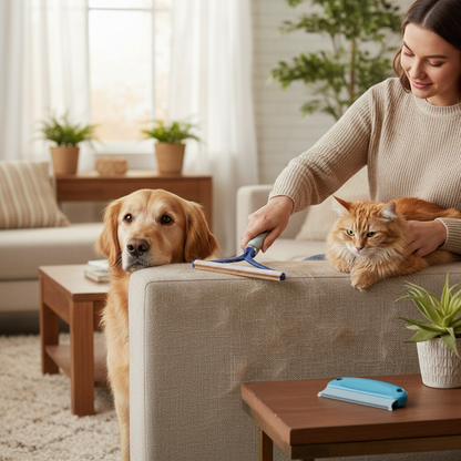 Pet hair removal kit being used on sofa with cat and dog