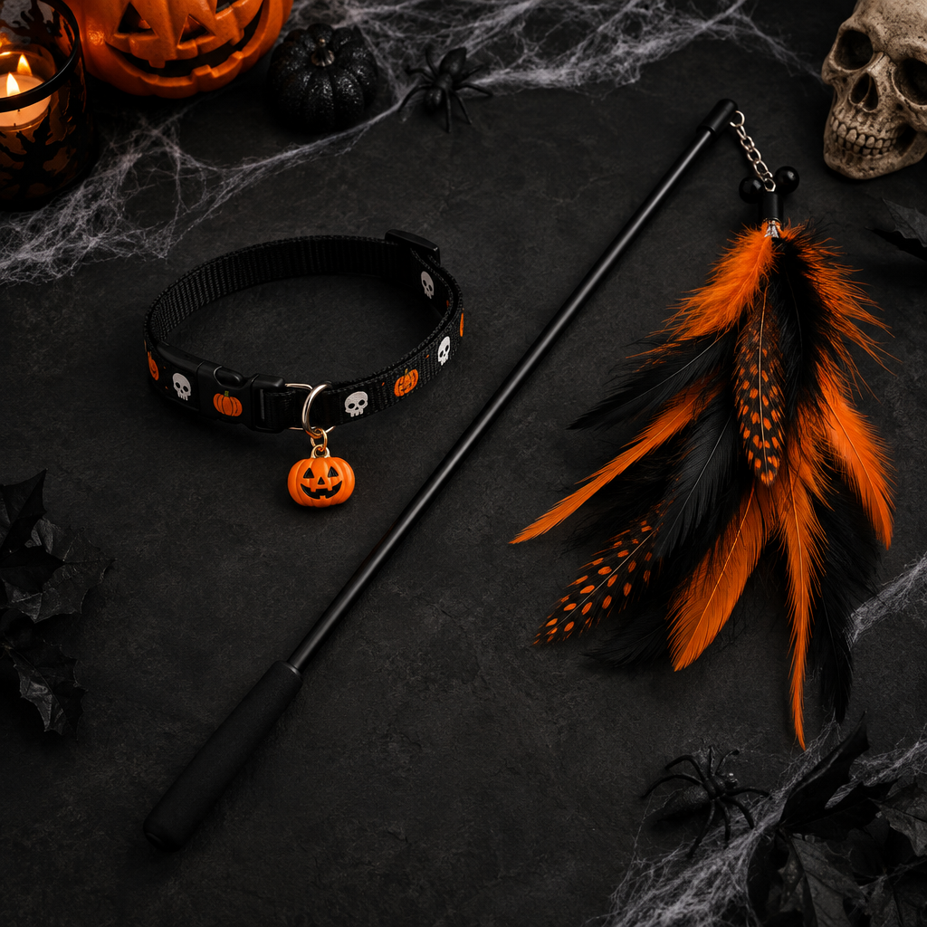 Halloween themed cat collar with pumpkin charm and feather toy wand