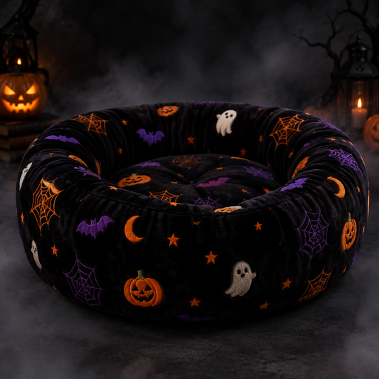 Halloween themed donut pet bed with ghost and pumpkin patterns