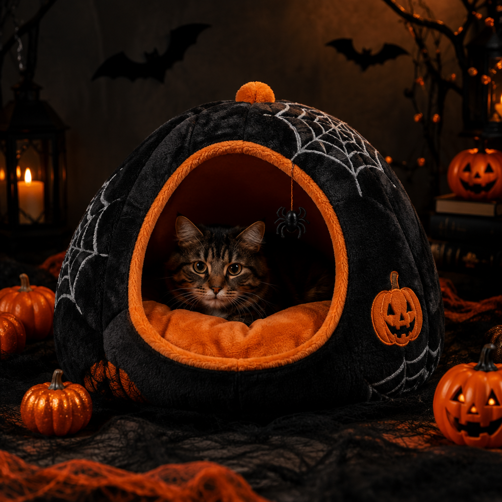 Halloween themed cat cave bed with pumpkins and spider webs