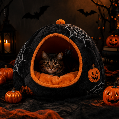 Halloween themed cat cave bed with pumpkins and spider webs