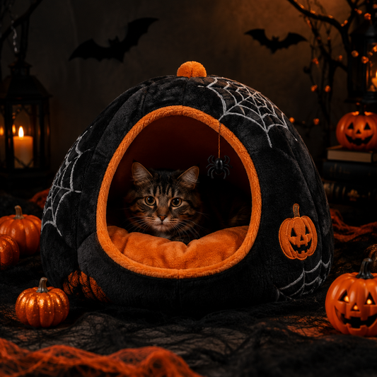 Halloween themed cat cave bed with pumpkins and spider webs