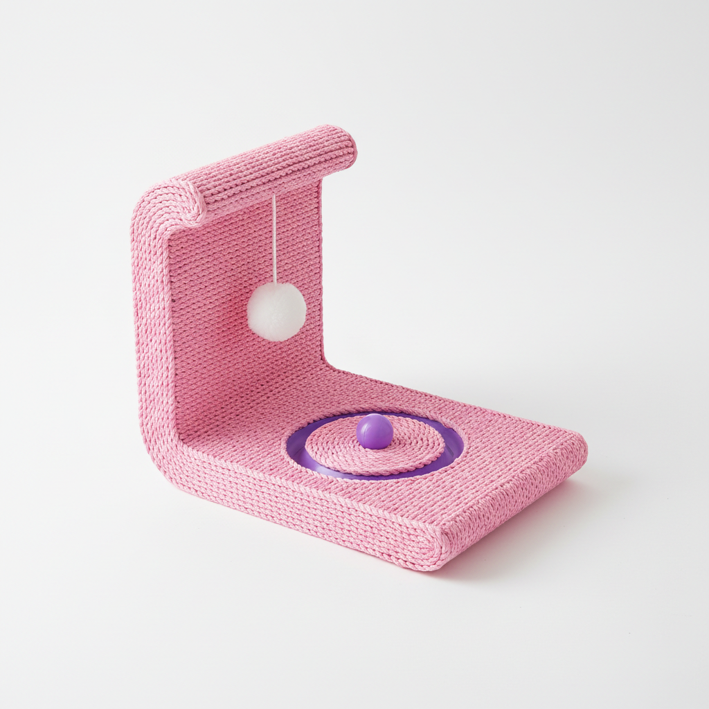 Pink L-shaped cat scratcher product photo