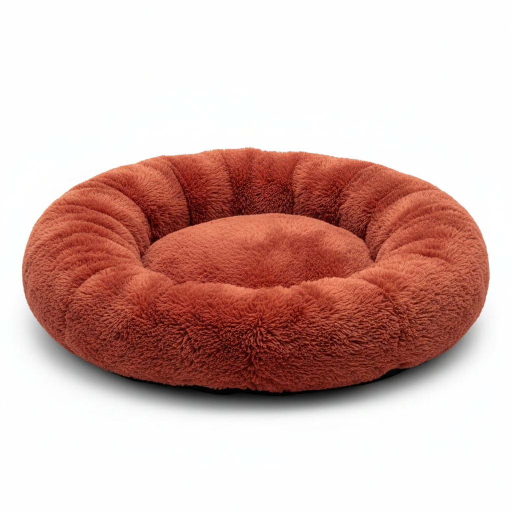Red donut shaped pet bed on white background